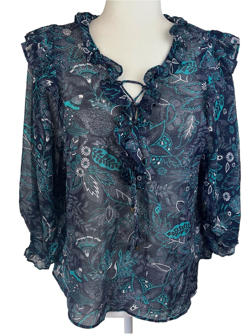 Anthropologie Floral Peasant Top Multi Color Semi Sheer Ruffle Boho Blouse Sz XS